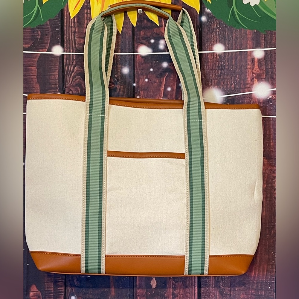 NWT Neiman Marcus canvas tote beige/green